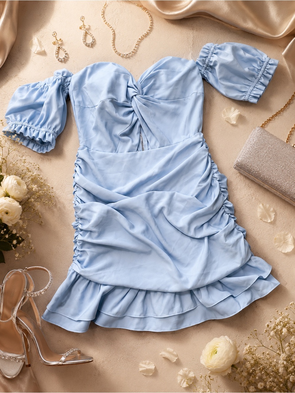 Powder Blue Ruched Mini Dress - Picture 5 of 6